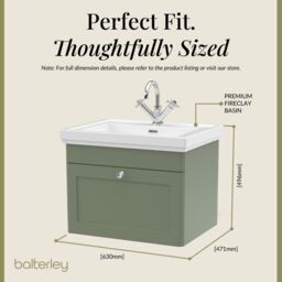 Balterley Bathroom Wall Hung 1-Drawer Vanity Unit & Fireclay Basin, Green, 600mm in Green - thumbnail 5