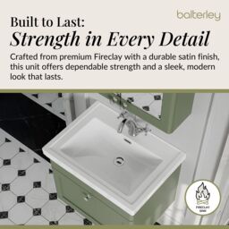 Balterley Bathroom Wall Hung 1-Drawer Vanity Unit & Fireclay Basin, Green, 600mm in Green - thumbnail 4