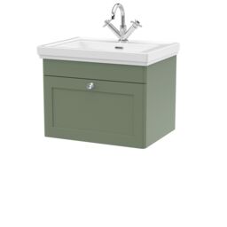 Balterley Bathroom Wall Hung 1-Drawer Vanity Unit & Fireclay Basin, Green, 600mm in Green - thumbnail 1