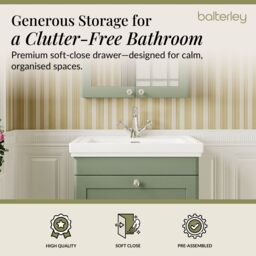 Balterley Bathroom Wall Hung 1-Drawer Vanity Unit & Fireclay Basin, Green, 600mm in Green - thumbnail 3