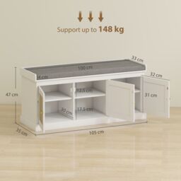 HOMCOM Shoe Storage Bench with Rattan Doors, Cushion, Entryway Shoe Bench in White - thumbnail 3