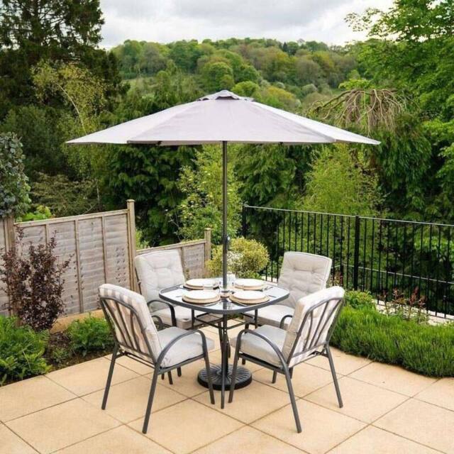 Hectare 4 Seater Rattan Dining Set with Reversible Cushions & Parasol Grey - image 1