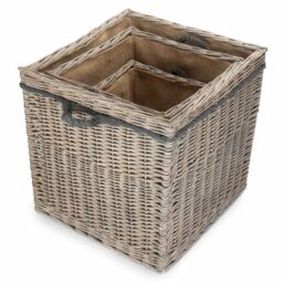 Red Hamper Set of 3 Wicker Grey Wash Square Hessian Lined Log Basket - thumbnail 4