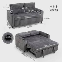 Wyld Haus Noripa Charcoal Grey Corduroy 2 Seater Click Clack Sofa Bed - thumbnail 3