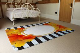 Benjamin Tate Design Orange & Red Autumn Leaves On Black Stripes Rug in Natural - Size: Large - thumbnail 3
