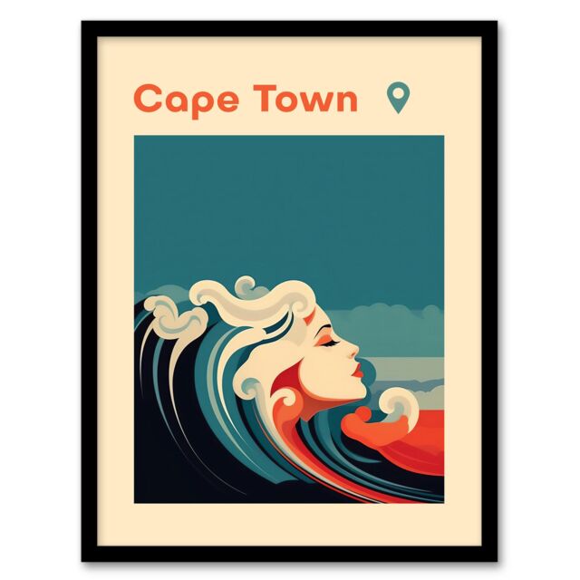 Artery8 Wall Art Print The Seaside Calls Cape Town Beach South Africa Modern Woman of the Waves Sea Siren Ocean Art Framed in Blue - Size: A4 - image 1