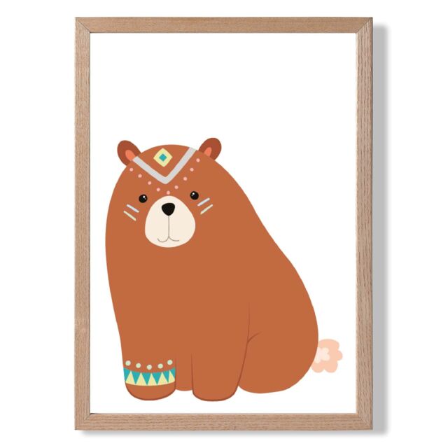 ARTZE Crouching Bear Tribal Animal Framed Print SIZE: A3 with Oak Frame in Brown - Size: A4 - image 1