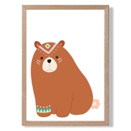 ARTZE Crouching Bear Tribal Animal Framed Print SIZE: A3 with Oak Frame in Brown - Size: A4