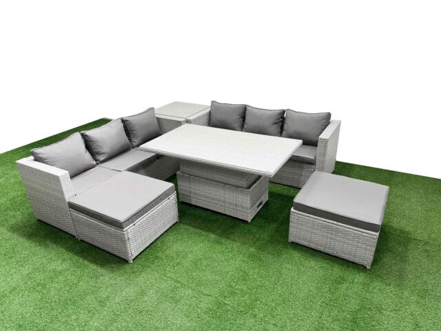 Fimous 6 PCs Rising Dining Table Set Rattan Furniture Set with 3 Seater Sofa in Light Grey - image 1