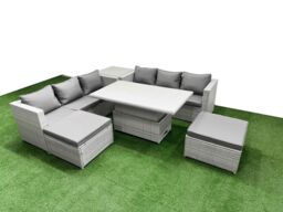 Fimous 6 PCs Rising Dining Table Set Rattan Furniture Set with 3 Seater Sofa in Light Grey - thumbnail 2