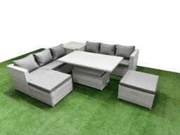 Fimous 6 PCs Rising Dining Table Set Rattan Furniture Set with 3 Seater Sofa in Light Grey - thumbnail 1
