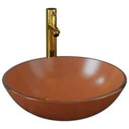 Berkfield Home Bathroom Sink with Tap & Push Drain Brown Tempered Glass