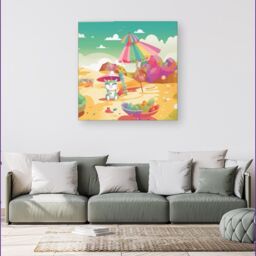 "Warren Reed - Designer Kitten On A Beach Holiday Canvas in Yellow - Size: W16"" x H16""" - thumbnail 4