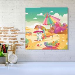 "Warren Reed - Designer Kitten On A Beach Holiday Canvas in Yellow - Size: W16"" x H16""" - thumbnail 2