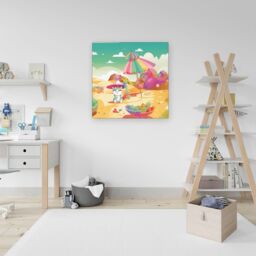 "Warren Reed - Designer Kitten On A Beach Holiday Canvas in Yellow - Size: W16"" x H16""" - thumbnail 3