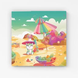"Warren Reed - Designer Kitten On A Beach Holiday Canvas in Yellow - Size: W16"" x H16""" - thumbnail 1