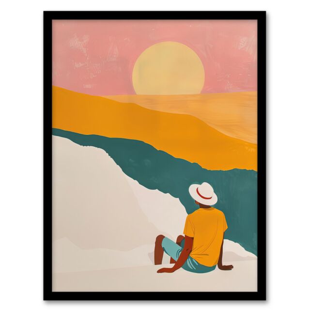 "Artery8 Wall Art Print Watching the Sunset Block Beach Relax Boho Art Framed Poster in Black - Size: W12"" x H16""" - image 1
