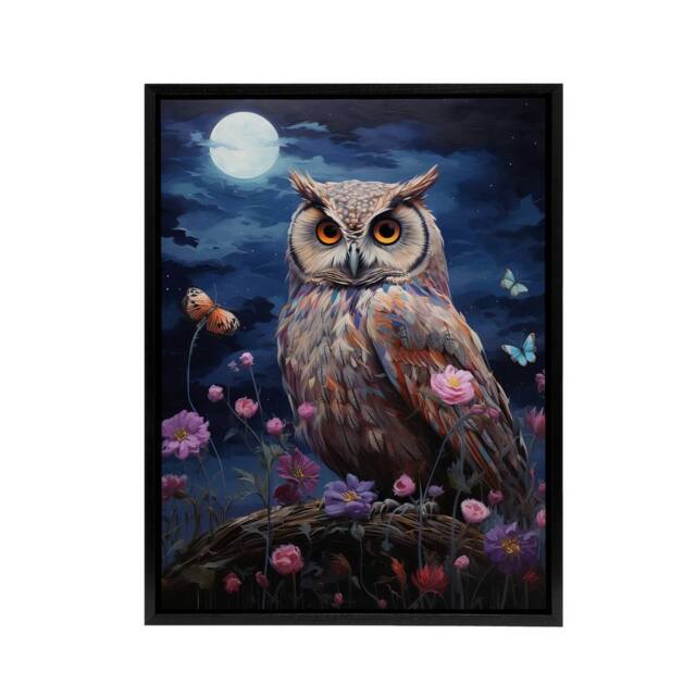 "Artery8 Owl With Wildflowers Under A Full Moon Framed Canvas Wall Art Print in Blue - Size: W12"" x H16""" - image 1