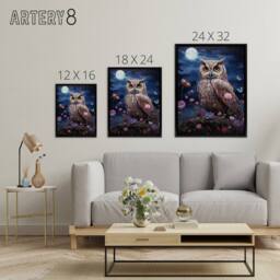 "Artery8 Owl With Wildflowers Under A Full Moon Framed Canvas Wall Art Print in Blue - Size: W12"" x H16""" - thumbnail 4
