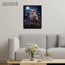 "Artery8 Owl With Wildflowers Under A Full Moon Framed Canvas Wall Art Print in Blue - Size: W12"" x H16""" - thumbnail 3