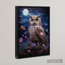 "Artery8 Owl With Wildflowers Under A Full Moon Framed Canvas Wall Art Print in Blue - Size: W12"" x H16""" - thumbnail 2