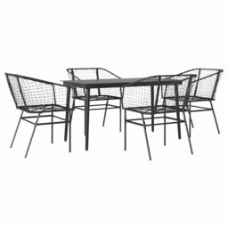 Berkfield Home 5 Piece Garden Dining Set Black Poly Rattan Glass - thumbnail 2