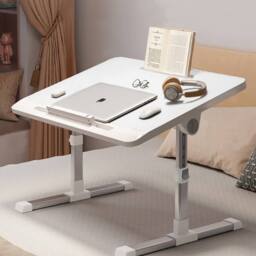 Living and Home Foldable Height-Adjustable Laptop Bed Table with Movable Stop Bar, Tablet Slot in White - thumbnail 7