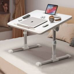 Living and Home Foldable Height-Adjustable Laptop Bed Table with Movable Stop Bar, Tablet Slot in White