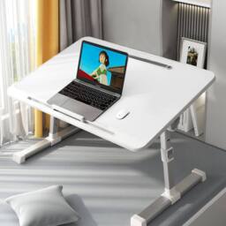 Living and Home Foldable Height-Adjustable Laptop Bed Table with Movable Stop Bar, Tablet Slot in White - thumbnail 4
