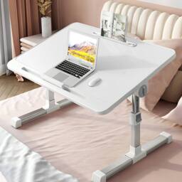 Living and Home Foldable Height-Adjustable Laptop Bed Table with Movable Stop Bar, Tablet Slot in White - thumbnail 3