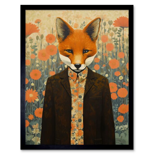 "Artery8 Wall Art Print Portrait of Dressed Fox in Suit & Shirt Floral Background Orange Brown Autumn Tones Art Framed in Black - Size: W12"" x H16""" - image 1