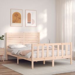 Berkfield Home Bed Frame with Headboard Double Solid Wood in Brown - thumbnail 1