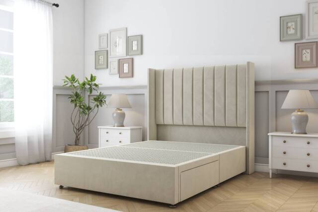 "Sloomy Falcon Plush Divan Base 2 Drawers Foot-End-54"" Wingback Headboard in Cream - Size: King" - image 1