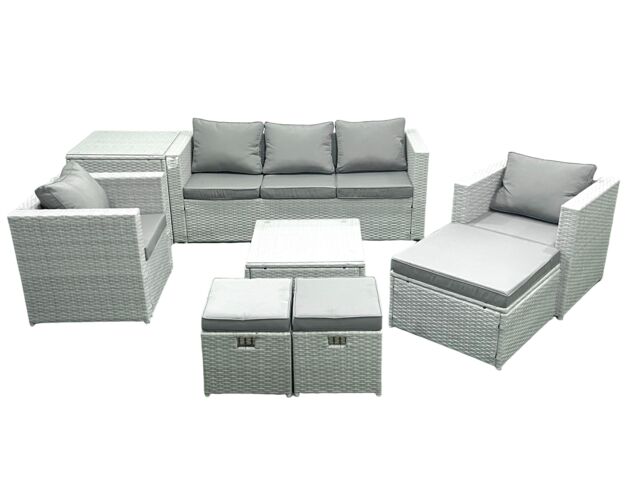 Fimous Rattan Garden Outdoor Furniture Sofa Set with Square Coffee Table 2 Chairs 3 Footstools Side Table Light Grey Mixed - image 1