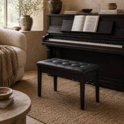 Wyld Haus Milara Black Faux Leather Piano Bench Storage Diamond Tufted Seat
