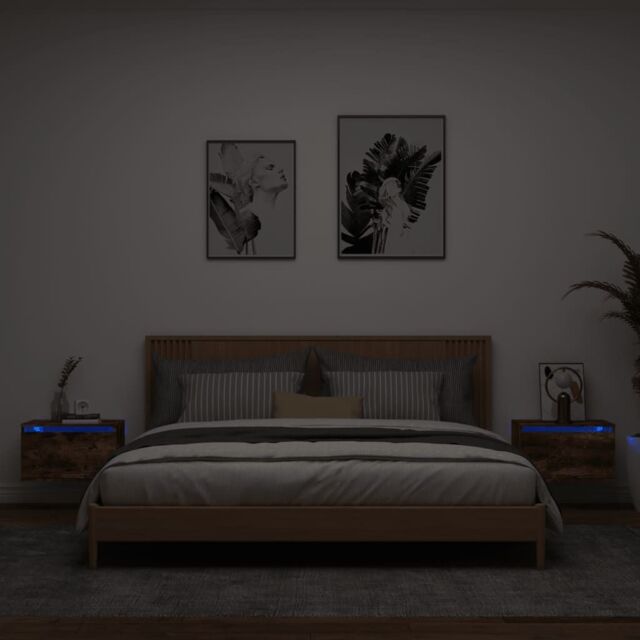 Berkfield Home Wall-mounted Bedside Cabinets with LED Lights 2 pcs Smoked Oak in Brown - image 1