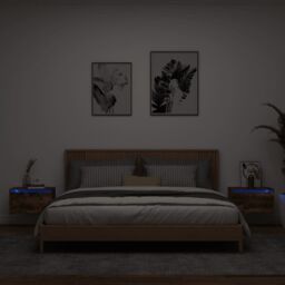 Berkfield Home Wall-mounted Bedside Cabinets with LED Lights 2 pcs Smoked Oak in Brown - thumbnail 1