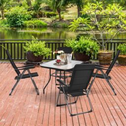 Costway Patio Sling Chair Set Folding Beach Chair w/ Ottoman & Coffee Table in Grey - thumbnail 2