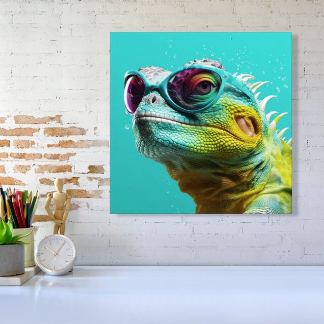 "Warren Reed - Designer Splashart Iguana Wearing Glasses Canvas - Size: W16"" x H16""" - image 1