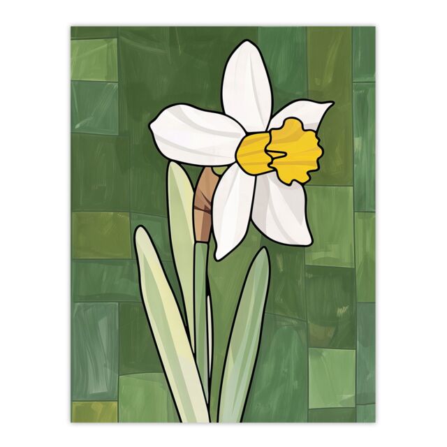 "Artery8 Daffodil Flower Bloom Green Stylised Painting Wall Art Print - Size: W24"" x H32""" - image 1