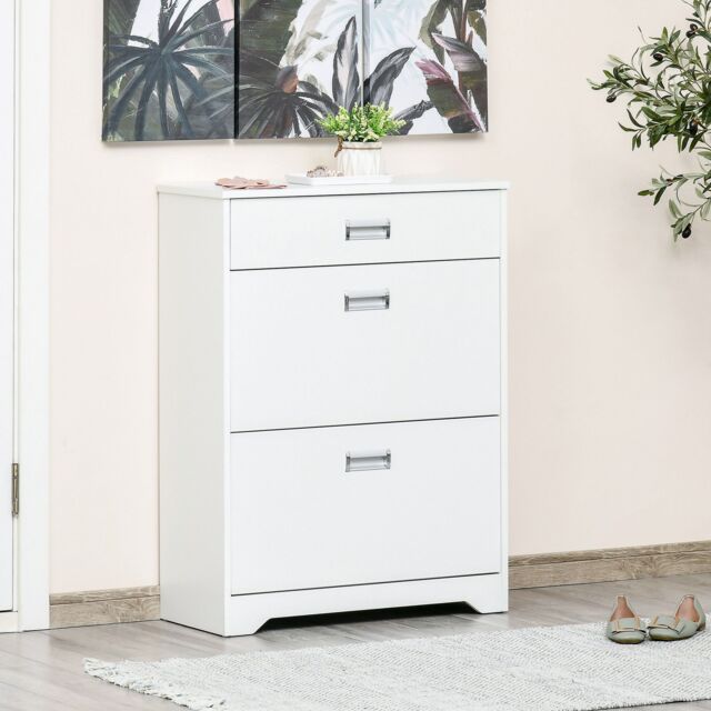 HOMCOM Tipping Shoe Cabinet Hall Organizer with Flip Drawers in White - image 1