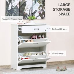 HOMCOM Tipping Shoe Cabinet Hall Organizer with Flip Drawers in White - thumbnail 4