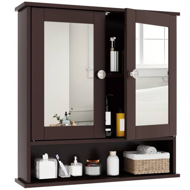 Costway Wall Mounted Bathroom Cabinet w/Mirror Wooden 2 Doors Medicine Cabinet in Brown - image 1