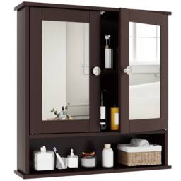 Costway Wall Mounted Bathroom Cabinet w/Mirror Wooden 2 Doors Medicine Cabinet in Brown - thumbnail 1