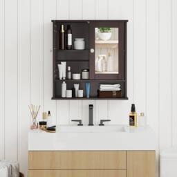 Costway Wall Mounted Bathroom Cabinet w/Mirror Wooden 2 Doors Medicine Cabinet in Brown - thumbnail 8