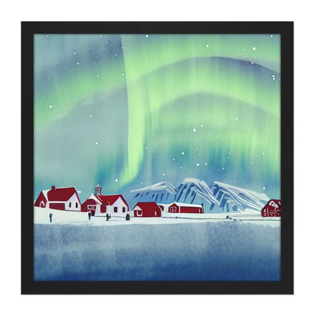 Artery8 Wall Art Print Norway Northern Lights Snow Mountain Vibrant Sky Winter Red Houses Village Square Framed Picture 16X16 Inch - image 1
