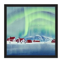 Artery8 Wall Art Print Norway Northern Lights Snow Mountain Vibrant Sky Winter Red Houses Village Square Framed Picture 16X16 Inch - thumbnail 1