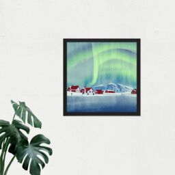 Artery8 Wall Art Print Norway Northern Lights Snow Mountain Vibrant Sky Winter Red Houses Village Square Framed Picture 16X16 Inch - thumbnail 2