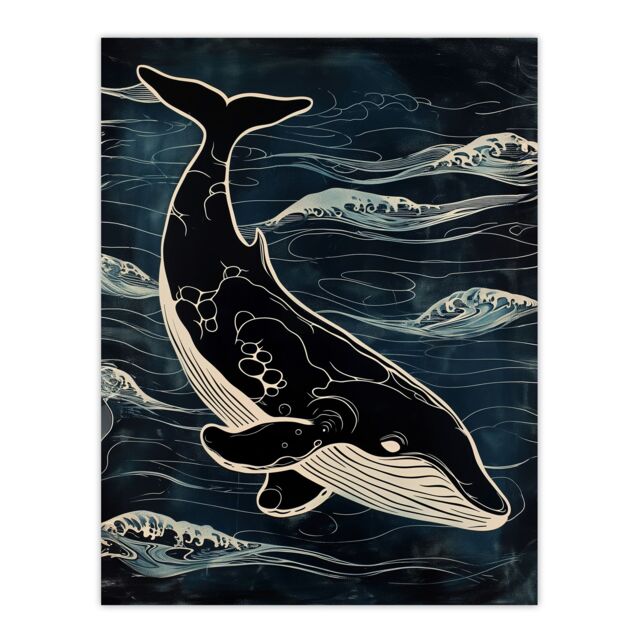 "Artery8 Wall Art Print Whale & Ocean Waves Pattern Woodcut Painting Poster in Black - Size: W12"" x H16""" - image 1