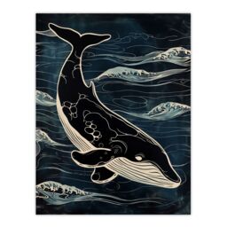 "Artery8 Wall Art Print Whale & Ocean Waves Pattern Woodcut Painting Poster in Black - Size: W12"" x H16""" - thumbnail 1